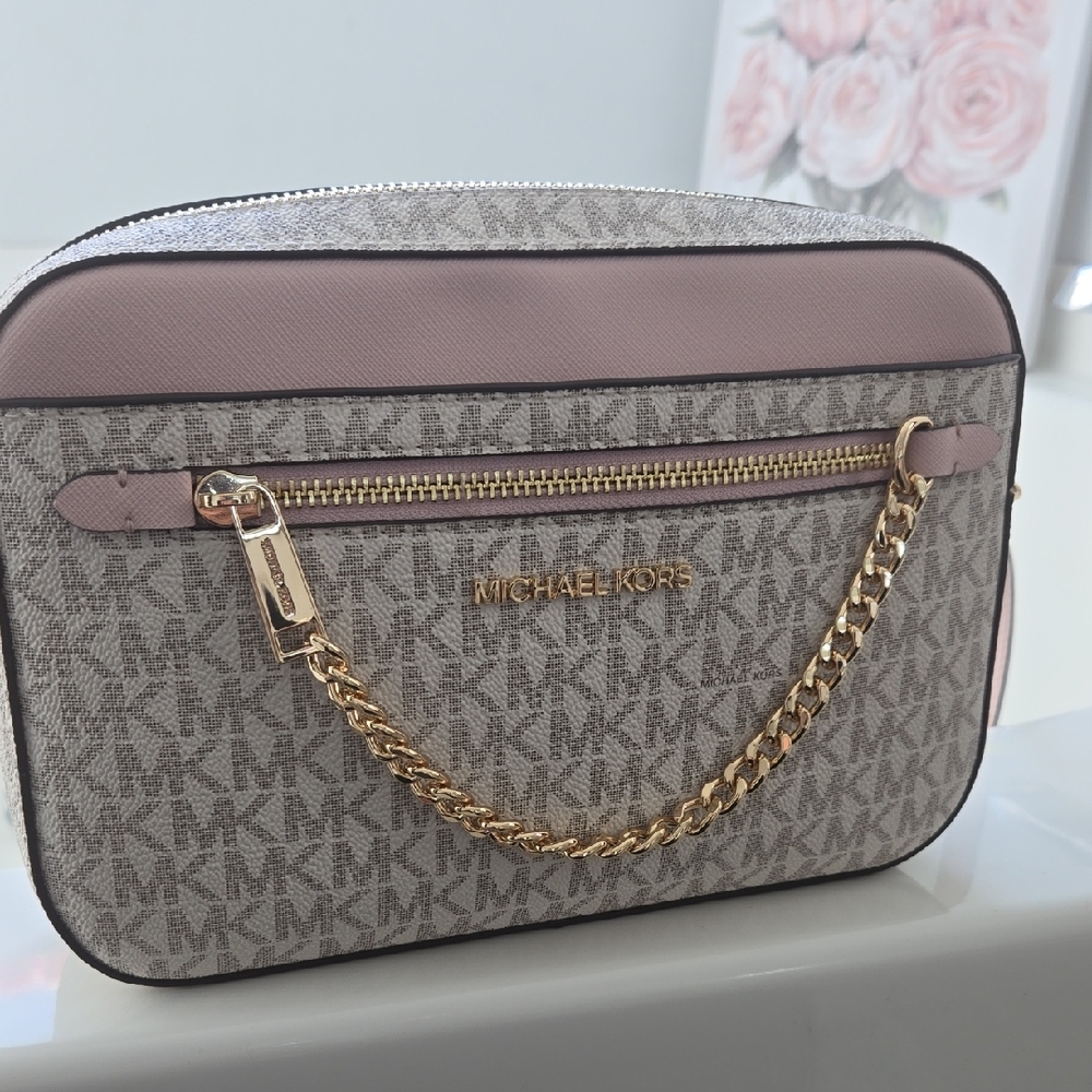 Michael Kors Signature Beige and Pink Crossbody Bag